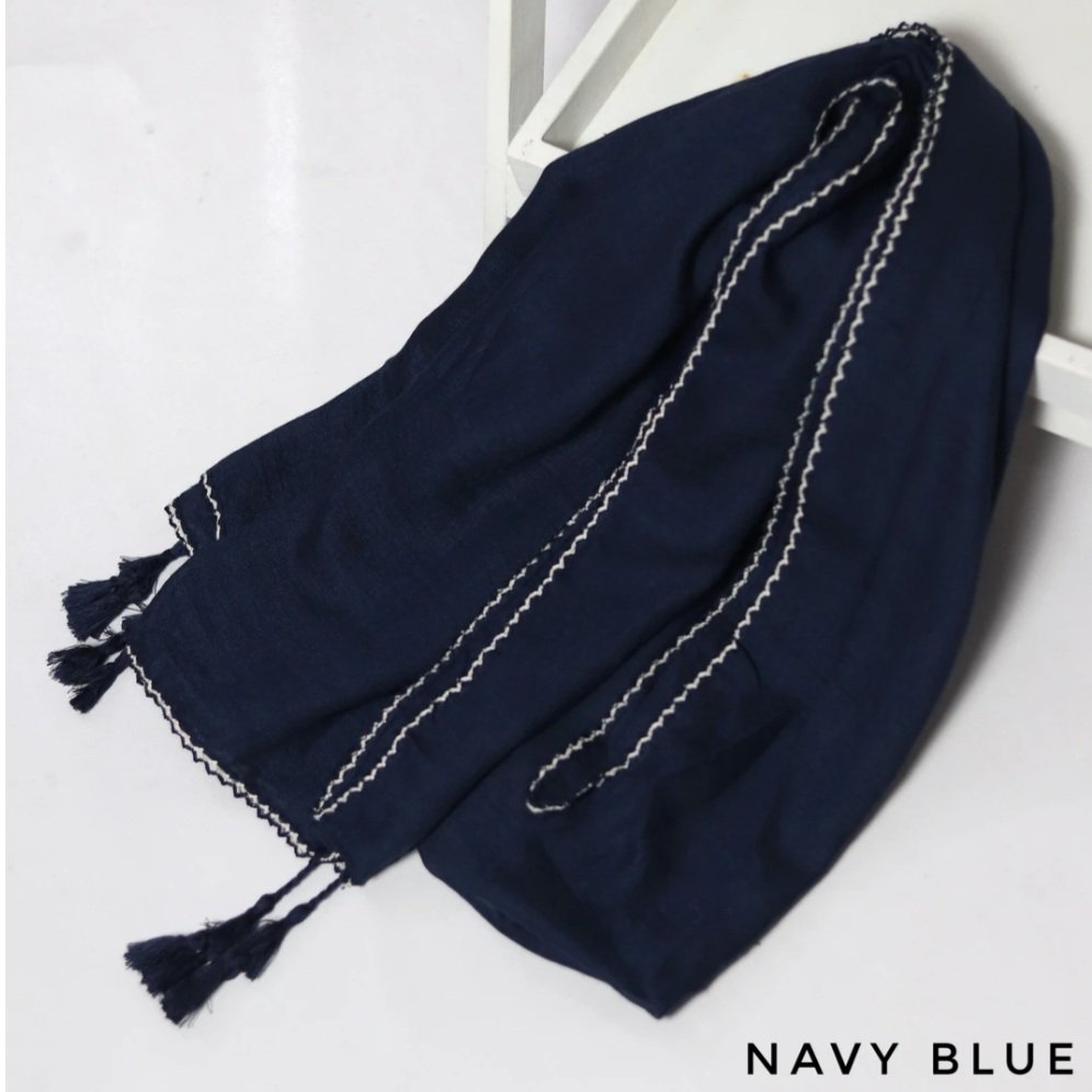 Stylish Blue White Floral Printed Long Soft Imported Summer Friendly Tassel Hijab / Orna main image 0